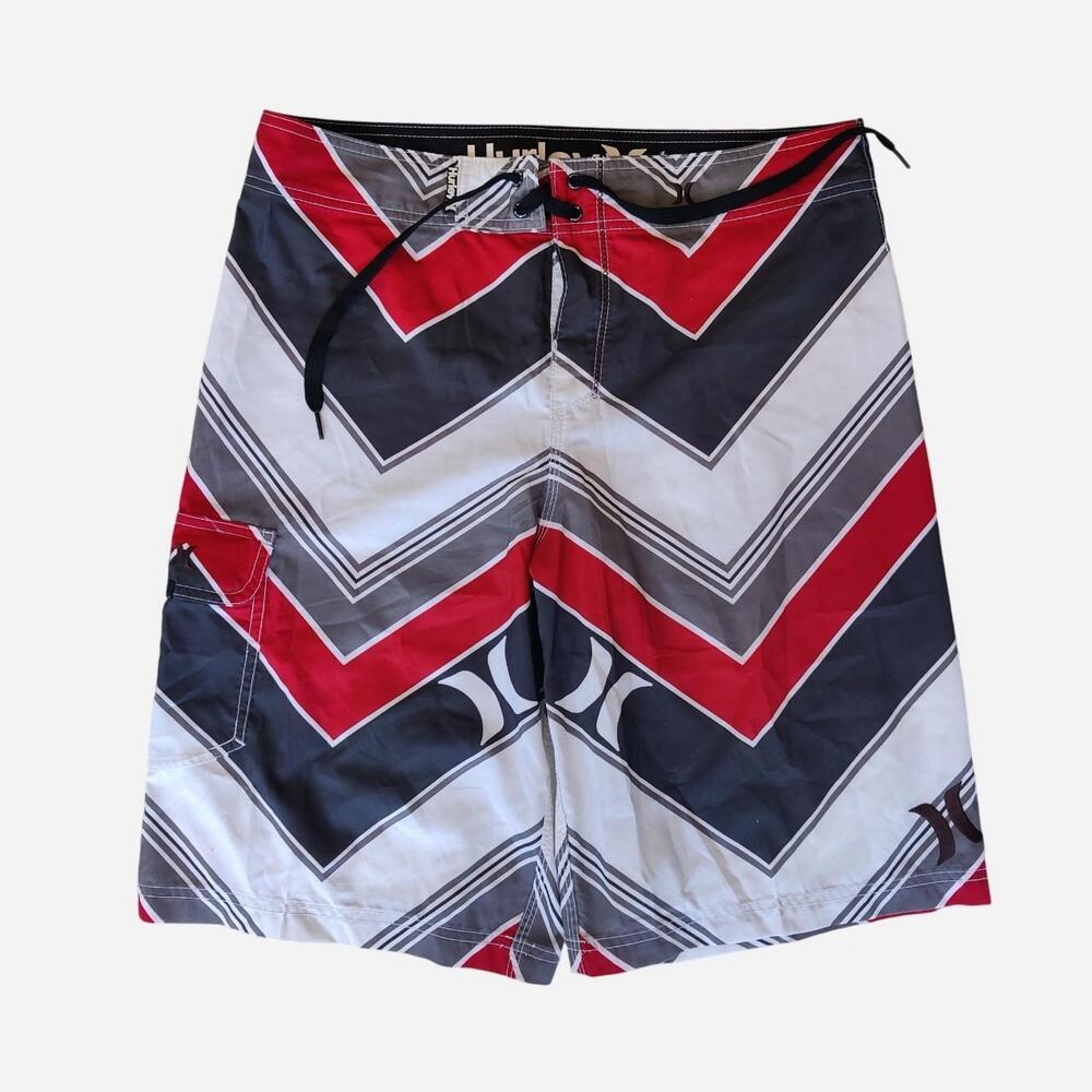 Y2K Hurley Baggy Board Shorts with red, black, and white chevron pattern